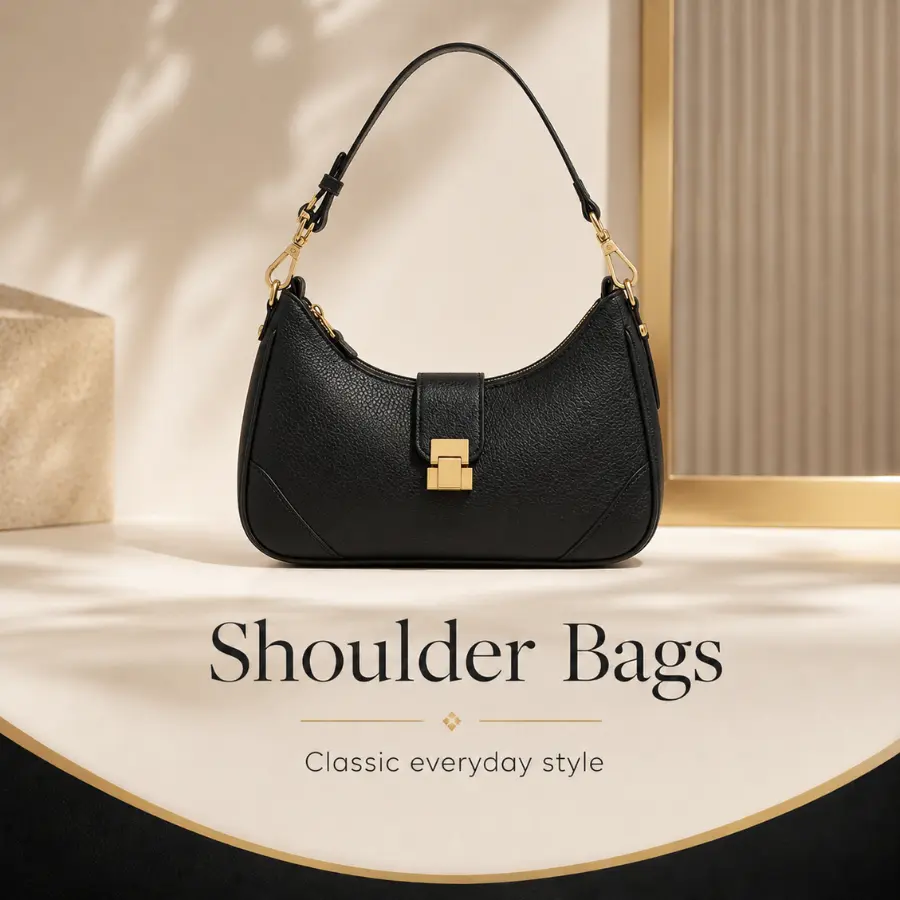 Elegant black shoulder bag for women with gold hardware